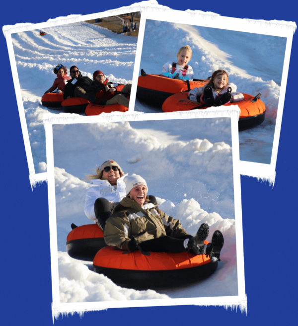 Collage of people joyfully snow tubing down snowy slopes on orange tubes.