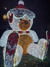 Illuminated bear figure with skis, wearing hat and scarf, decorated for Christmas.
